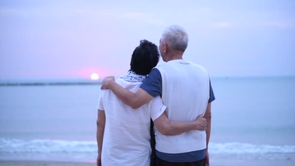 爱的亚洲的年长的夫妇的幸福一起在海洋日出 — 图库视频影像