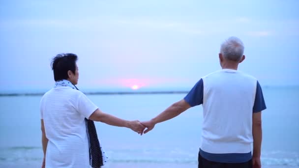 Liebende asiatische Senioren Paar glücklich zusammen am Meer Sonnenaufgang — Stockvideo