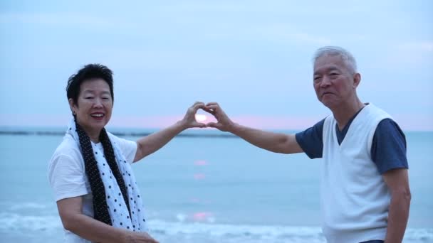 Amante asiático casal sênior feliz juntos no oceano nascer do sol — Vídeo de Stock