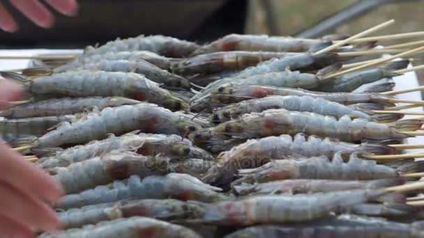 Gamberi crudi e maiale con verdure sugli spiedini si preparano per il barbecue — Video Stock