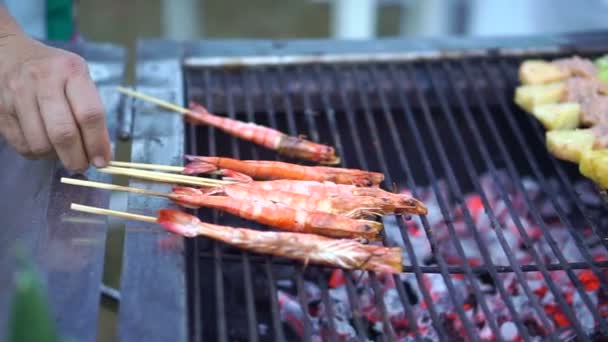 Daging babi sayuran dan udang udang tusuk sate di atas panggangan arang — Stok Video