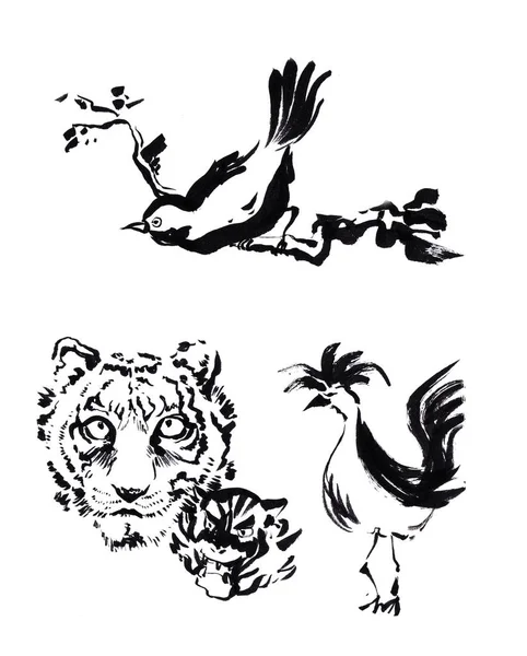 Hayvan Çin fırça boyama çizim. Kaplan, horoz ve kuş caligraph — Stok fotoğraf