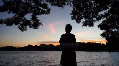 Şafakta ağaç gölgesinde Asyalı kıdemli yaşlı silueti. Hayatı düşünüyorum. 