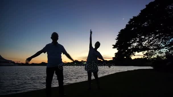 Asian senior couple exercise together at morning dawn lake — Stock Video