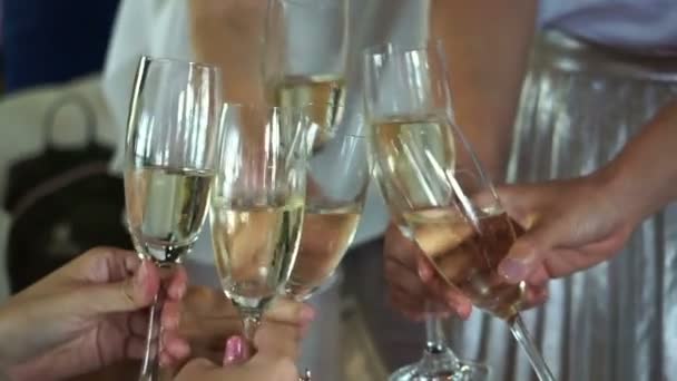 Друзья пьют и пьют шампанское на вечеринке — стоковое видео