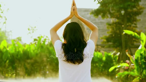 Asiatico ragazza esercizio yoga accanto a wellness spa piscina al sole con verde sfondo e mattina nebbia rallentatore colpo — Video Stock