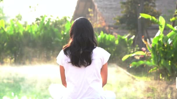 Медленное движение Азиатская женщина делает утреннюю йогу рядом с бассейном и зеленой окружающей среды — стоковое видео