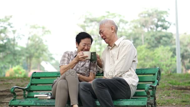 Zeitlupe asiatisches Rentnerpaar spricht und trinkt Kaffee im morgendlichen Outdoor Park — Stockvideo