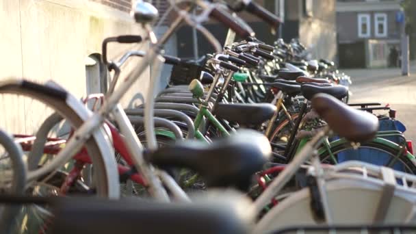 Люди и велосипеды в Амстердаме. Экологически чистые перевозки жителей Нидерландов — стоковое видео