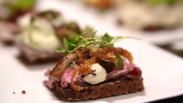 Dania, scandinavian open sandwich. Chleb z różnego rodzaju mięsa, owoce morza, warzywa polewa strzał w zwolnionym tempie — Wideo stockowe