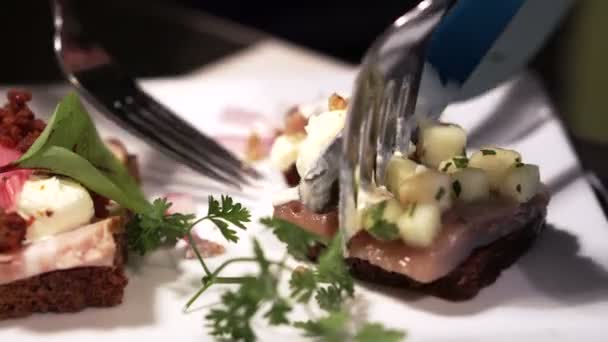 Cuchillo y tenedor cortando sándwich abierto en cámara lenta — Vídeo de stock