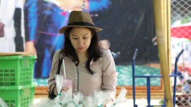Asyalı kadın giyiyor şapka yerel çiftçi pazar alanı, gülümseyen. Seyir ve taze organik sebze toplama 