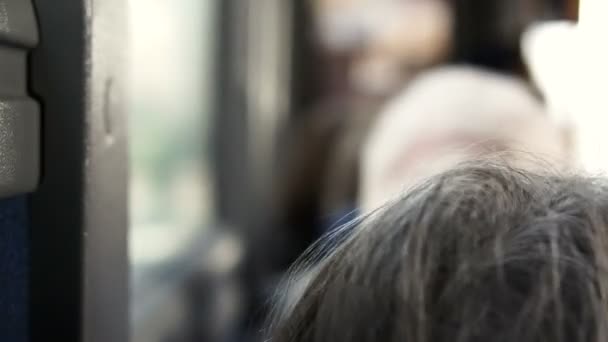 Personas mayores de cabello blanco sentadas en el transporte público. Servicio de prestaciones para personas mayores — Vídeos de Stock