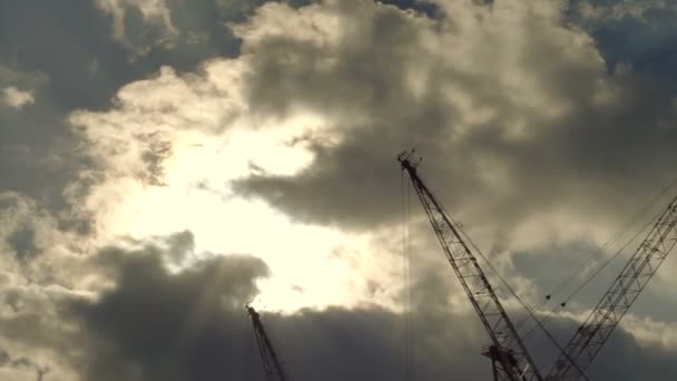 Construction cranes working in beautiful morning golden sun ray — Stock Video