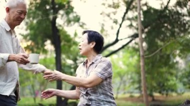 Asya kıdemli çift sevgi gösterilen ve bakım ile kahve sabah parlak doğal park