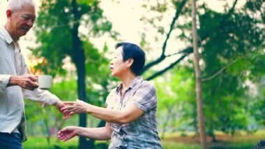 Asya kıdemli çift sevgi gösterilen ve bakım ile kahve sabah parlak doğal park