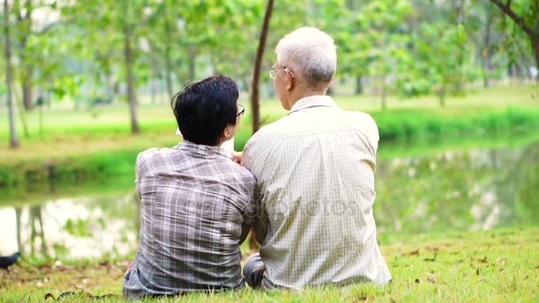 アジア シニア カップル公園で本を読みます。充実した時間を過ごすし、何か新しい学習を停止すること — ストック動画