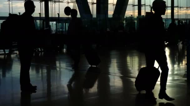 Silhuetas de viajantes no aeroporto. Mundo sem fronteiras de negócios, comunicação e conexão — Vídeo de Stock