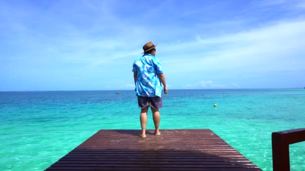 Женщина поворачивается, чтобы посмотреть на океан на Мальдивской океанской палубе — стоковое видео