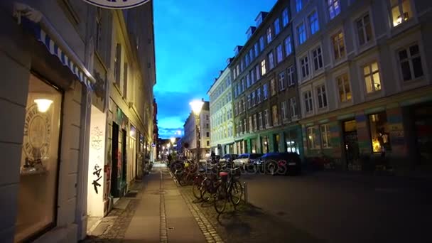 Kopenhagen, Denemarken: April 2017-zicht rondom het centraal station van Kopenhagen. Europese architectuur en mensen bij nacht — Stockvideo