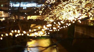 Güzel altın aydınlatma Noel Tokyo, Japonya'da ışık. Işık Nakameguro kanalda yansıtacak 