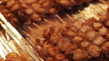 El malzeme çekme ızgara yılanbalığı ve tarak şiş Tsukiji Market, Tokyo Japonya