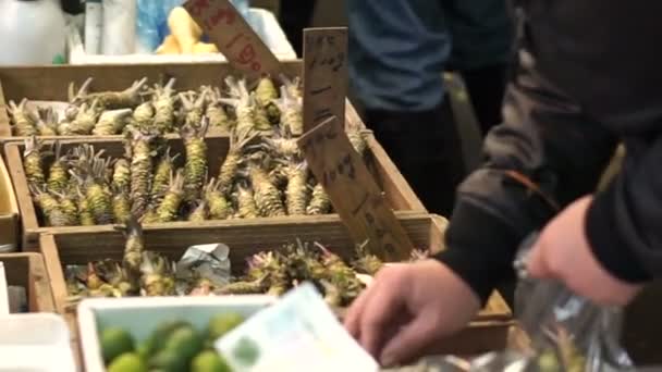 Wasabi fresco vendendo no mercado de peixes Tsukiji. Ingrediente principal para a comida japonesa sushi nigiri — Vídeo de Stock