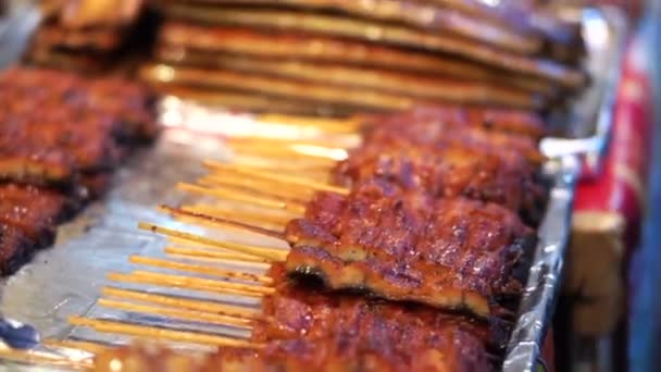 Hand plocka grill ål och pilgrimsmussla spett på Tsukiji market, Tokyo Japan — Stockvideo