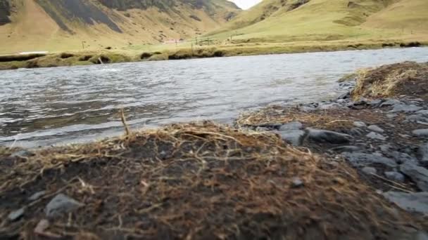 Zwarte vulkanische grond rond stromende rivier. Het schilderachtige landschap van IJsland — Stockvideo
