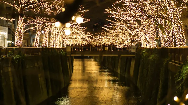 Piękne złote oświetlenie Christmas światła w Tokio, Japonia. Lekki odzwierciedlają Nakameguro kanał — Zdjęcie stockowe