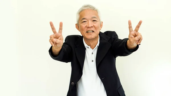 Asiatico senior uomo casual business suit con felice faccia e mano g — Foto Stock