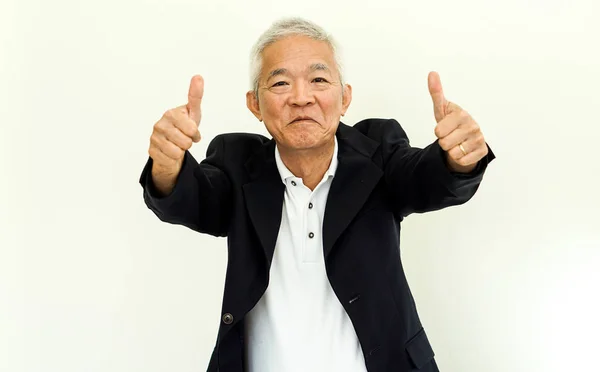Azjatycka starszy człowiek dorywczo garniturze z szczęśliwy twarzy i dłoni g — Zdjęcie stockowe