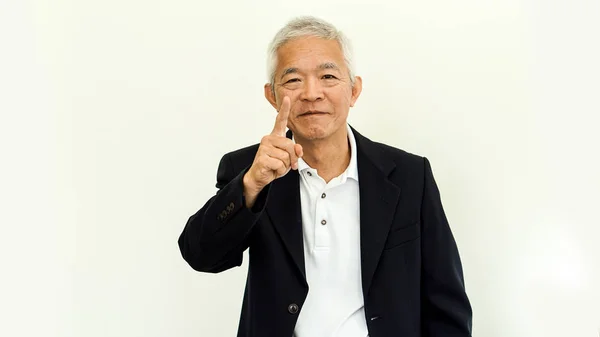 Asiatische senior Mann casual business Anzug mit glücklich Gesicht und Hand g — Stockfoto