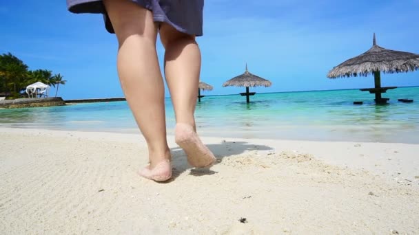 Aziatische toeristische met Hawaiian shirt wandelen en lopen rond Maldiven vakantie-resort — Stockvideo