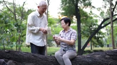 Parkı'nda sabah mutlu eski Asya kıdemli çift. Kahve konuşma