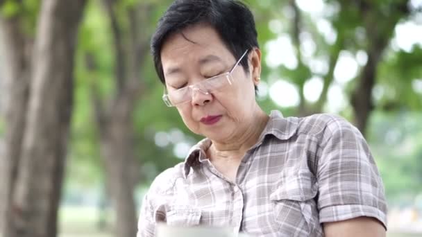 Asian senior woman sitting and reads a book in green nature background park — Stock Video