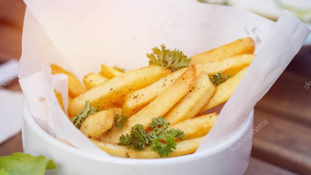 Golden Fries on paoer cone dish. Snack serve at restaurant