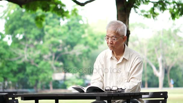 Asiatiska senior man läser boken ensam i parken — Stockvideo