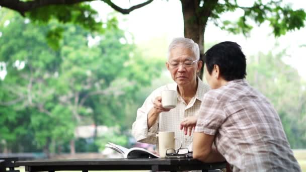 亚洲高级情侣喝咖啡在早晨美丽的公园 — 图库视频影像