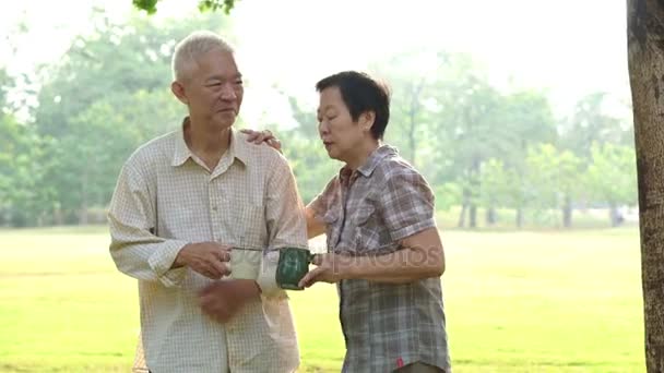 Asiatiska senior par fira livet med kaffe i parken — Stockvideo