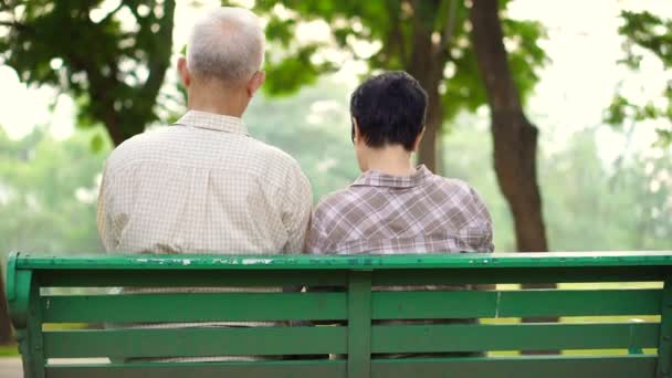 Asian Senior Couple Shot Back Sitting Park Reading Book Together — Stock Video