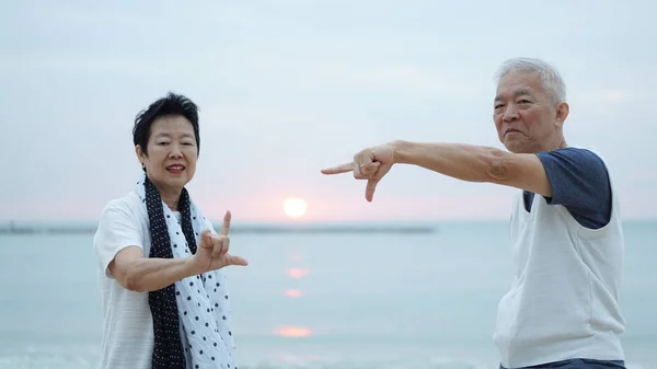 Aziatische senior paar dating op zee zonsopgang — Stockfoto