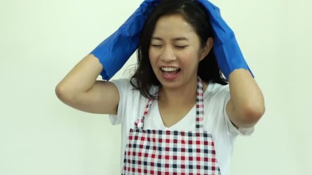 Asiático Mulher Dona Casa Estresse Fora Gritando — Vídeo de Stock