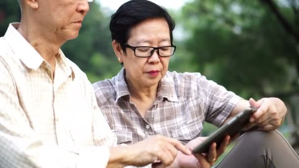 Asian Para Starszy Pomocą Tabletu Razem Parku — Wideo stockowe