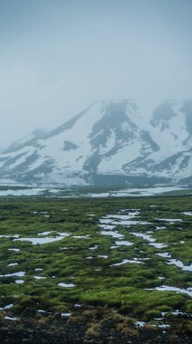 İzlanda kötü hava kar ve sis mountaitn arka plan, yeşil ecek
