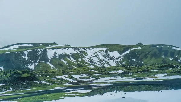 IJsland slecht weer sneeuw en mist mountaitn achtergrond, groene mos — Stockfoto