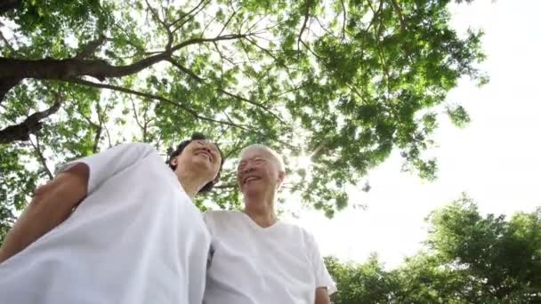 Feliz Asiática Senior Pareja Bajo Ángulo Con Naturaleza Sol Árbol — Vídeo de stock