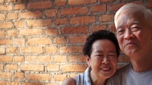 Asian Senior Couple Interacting Together Brick Background Sunlight — Stock Video