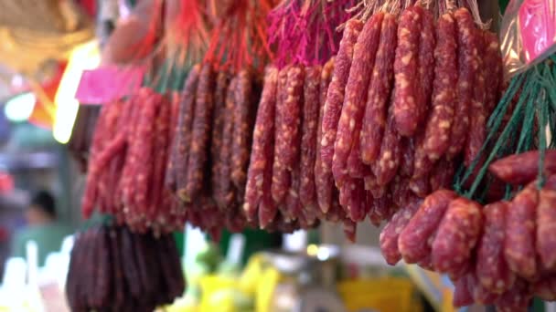 Preserved Food Chinese Sausages Hang Sell Hong Kong — Stock Video