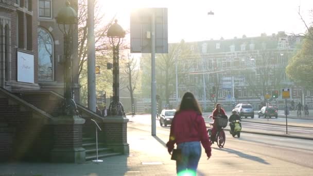 Amsterdã, Países Baixos - 4 de abril de 2017: sol da manhã na rua da cidade local caminhando e pedalando — Vídeo de Stock